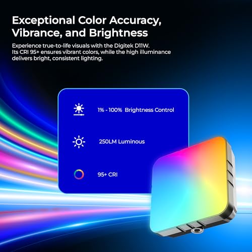 Image of DIGITEK (LED-D11W RGB) 11W Portable Mini RGB LED Video Light with 2000mAh Battery, 21 Lighting Effects, 2500K-9900K CCT, HSI 0-360, 120 Beam, CRI <95, 1 /4 inch Mount, for Photography & Videography