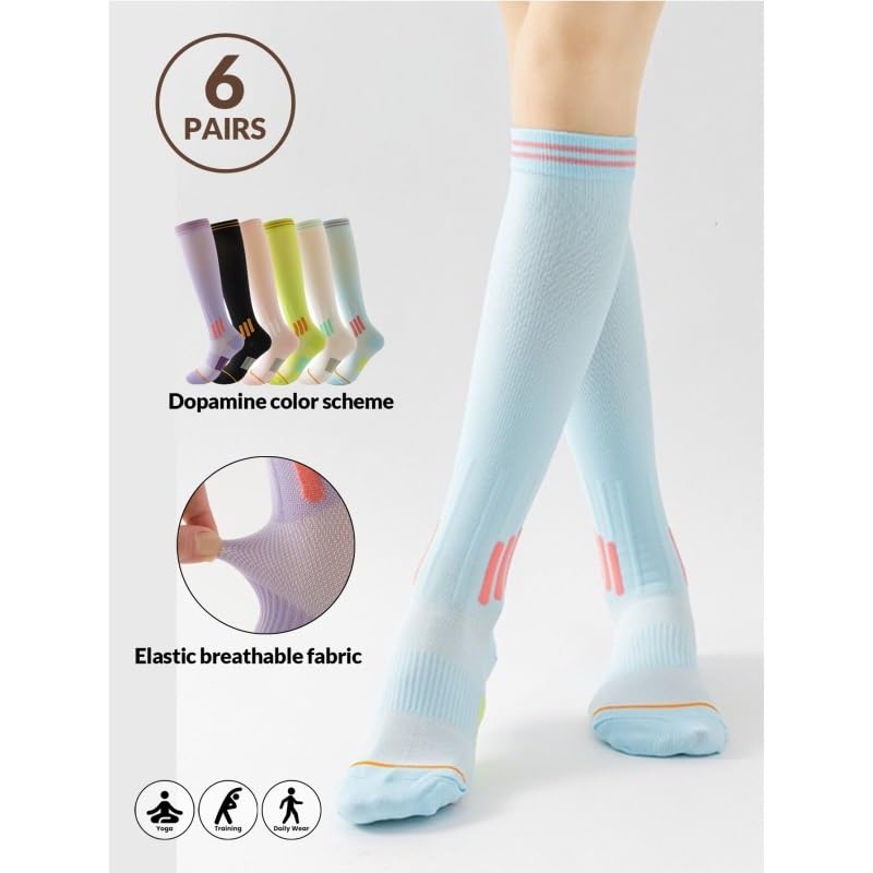 Calcetines Deportivos de compresión for Correr, Saltar, Yoga, Calcetines Deportivos Profesionales de Moda, Calcetines Deportivos de enfermería, Calcetines Deportivos de fútbol(6pairs)