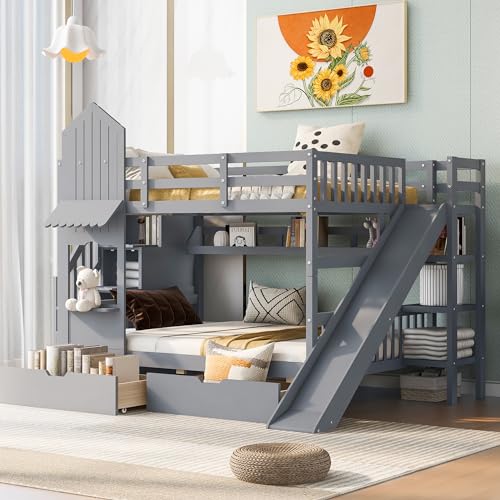 Wekuku Full Over Full Castle Bunk Bed with Slide, 2 Drawers 3 Shelves Sturdy Gray Twin Kids Bunk Bed for Bedroom, Space Saving Fun (2 Drawers + 3 Shelves)
