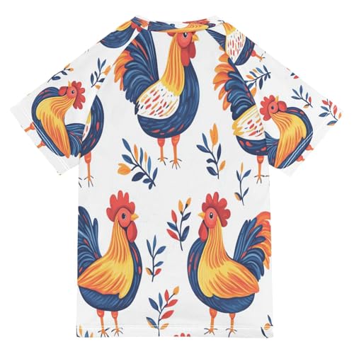 Boys Short Sleeve T-Shirts Rooster White Chicken Rashguard Kids Swim Shirts Sun UPF 50+2
