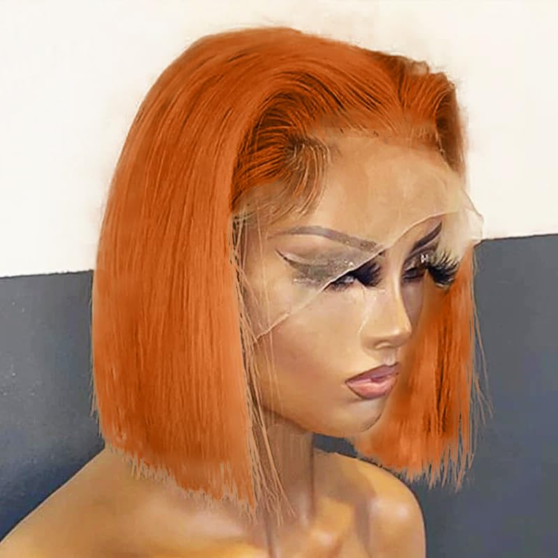 250% Density Ginger Bob Lace Front Wig Human Hair 13x4 Orange HD Lace Closure Human Hair Wig Pre Plucked with Baby Hair Short Ginger Straight Bob Colored Wig for Women 12 Inch