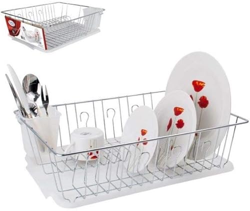 Miniatura 1 de Aramco - Escurridor de platos cromado con soporte para cubiertos y bandeja de plástico, 17 pulgadas, color plateado