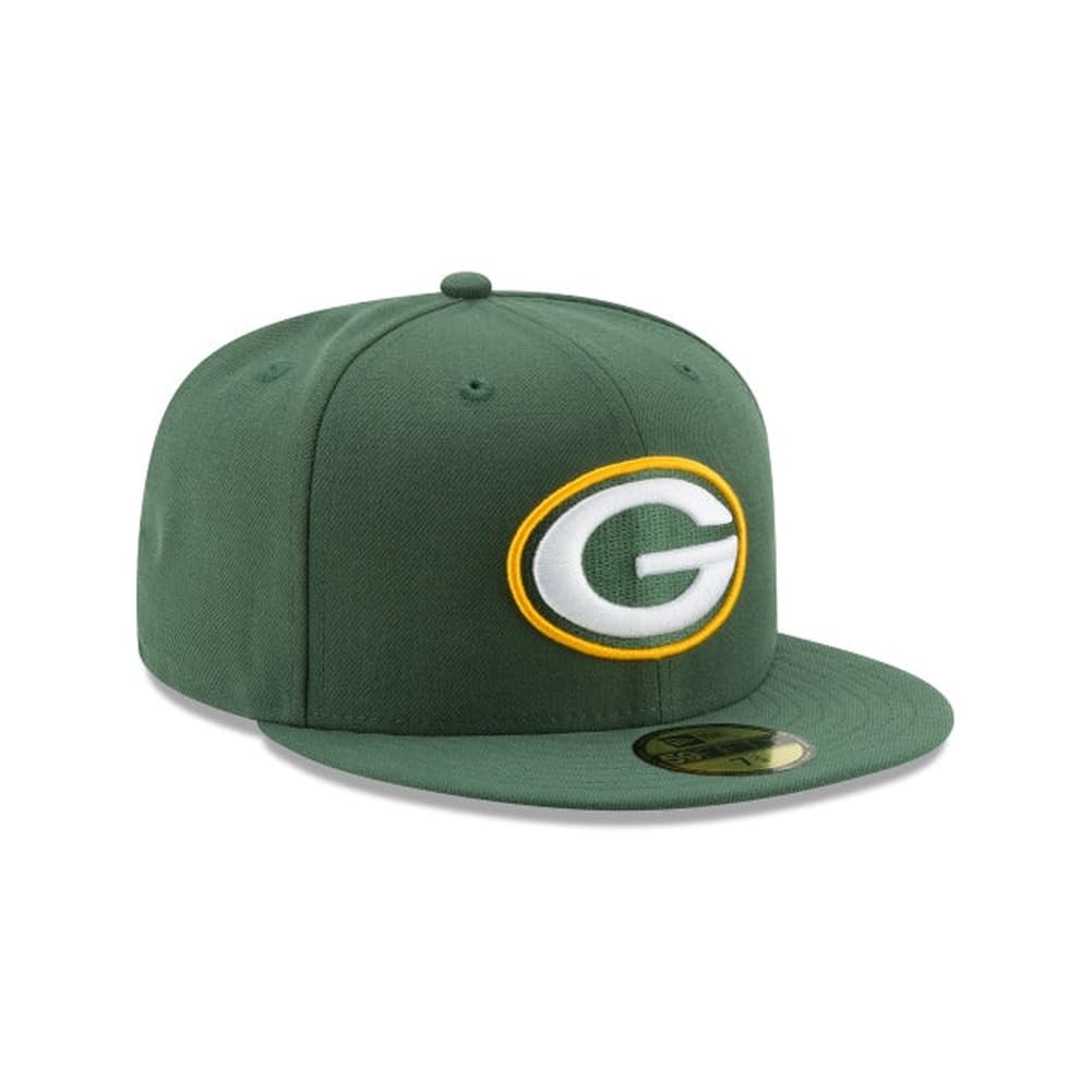 New Era NFL 59FIFTY Green Bay Packers Green Team Color Logo Authentic Collection Fitted On Field Football Cap Hat
