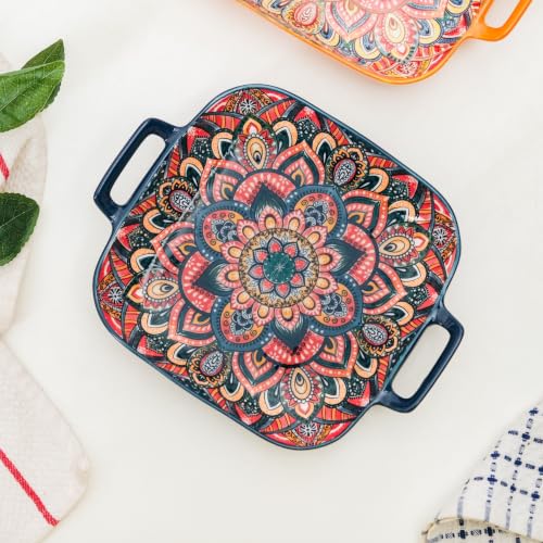 Image of Nestasia Mandala Ceramic Serving Platter with Handles - Square Floral Serving Tray with Glossy Finish | Dishwasher & Microwave Safe Serving Platter for Snacks, Salads & Starters (Blue)