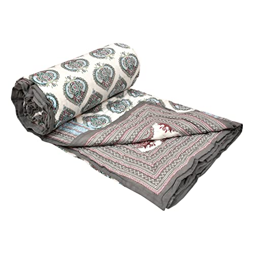 Image of BLOCKS OF INDIA Hand Block Printed Cotton King Size Quilt (90 Inch X 108 Inch) (King Quilt Grey Motifs), 300 TC