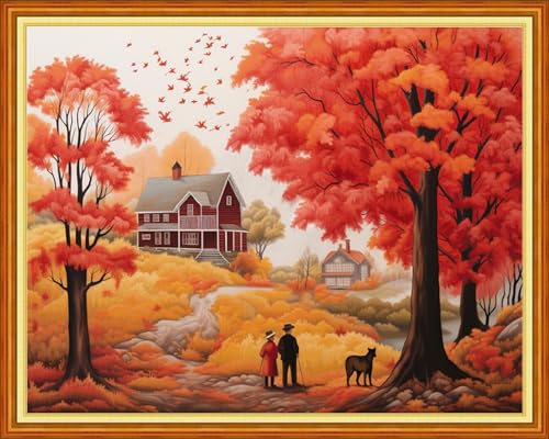 Image of Foxhool Beginners Cross Stitch Kits Stamped Full Range of Embroidery Kits for Adults DIY Cross Stitches kit Embroidery Patterns for Needlepoint kit-Romantic Autumn 16x20 inch