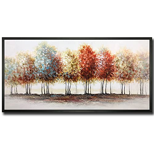 Tiancheng Art, 24x48 Inch Modern Abstract Painting Oil Hand Paintings Tree 3D Hand-Painted On Canvas Acrylic Frame Wall Art Colorful Forest Box Table Hanging Wall Decoration