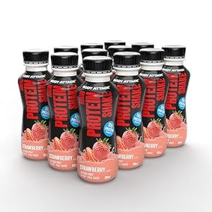 Body Attack Fitness Protein Shake – Boisson protéinée au lait – Milkshake prêt à l’emploi en bouteille de 500 ml, Strawberry (12 x 500ml)