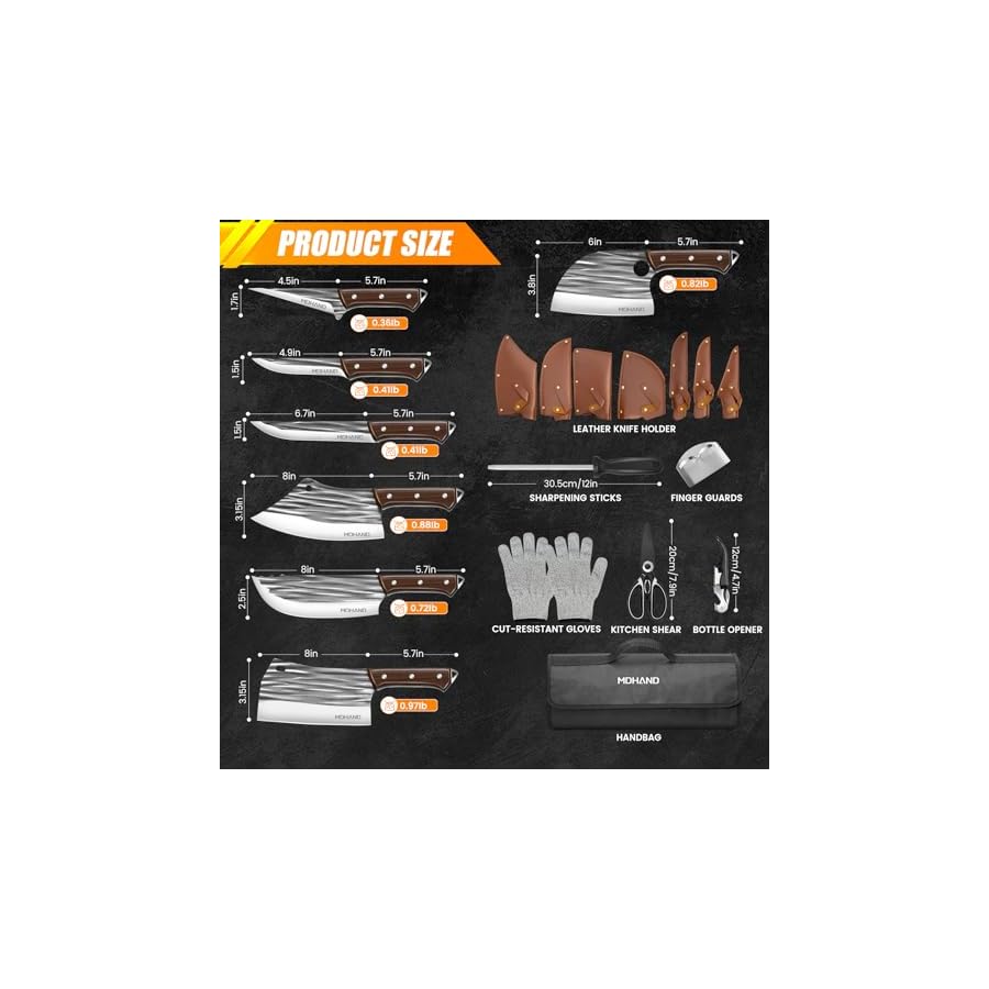 MDHAND Butcher Knife Set, 14PCS Hand Forged Serbian Chef Knife Set with Roll Bag, Heavy Duty Meat Cleaver Knives, Boning Knife, Meat Cutting Knife for Home Kitchen & Camping BBQ, Gifts for Men Women