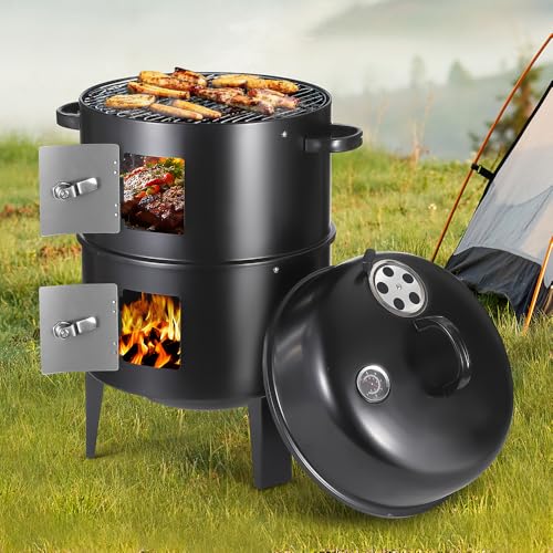 3-in-1 Vertical Charcoal Smoker Grills For Backyard Barbecues, 17 Inch Portable Smoker bbq Grill with Thermometers and 2 Access Doors for Parties Outdoor Camping Cooking (17 Inch)