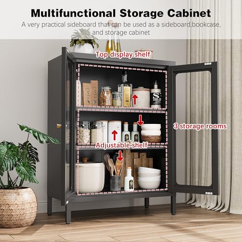 Image of Small Display Cabinet with Glass Doors, 12 inch Deep Small Curio Showcase with Two Glass Doors, 23.6 inch Wide Metal Floor Storage Cabinet for Collectibles Books China for Entryway, Home Office, Living Room