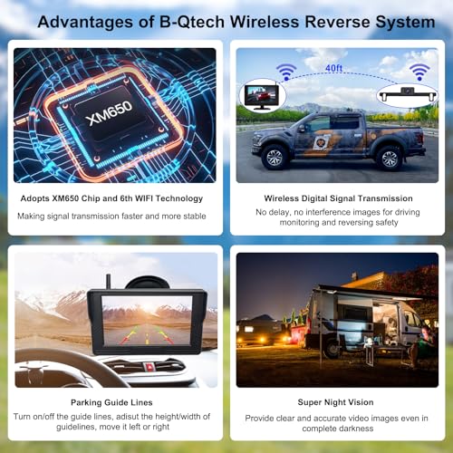 B-Qtech Wireless Backup Camera Digital Signal Rear View Monitor Kit 4.3'' HD 1080P Reverse Cameras for Car Truck RV Pickup Camper Van DIY Parking Guide Lines Waterproof Night Vision