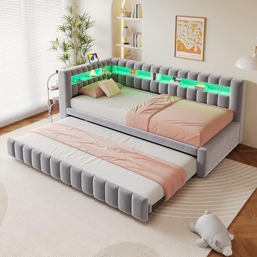 Arhatreya Sofá cama extensible de 90 x 200 cm, en forma de L, con cama nido, cama tapizada con iluminación LED, cama diurna con puerto de carga USB (sin colchón), tela aterciopelada, gris claro