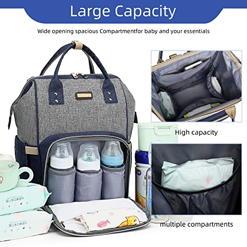 Image of Diaper Bag Backpack, Diaper Bags for Baby Girls Boys, Baby Bags for Moms Dads, Nappy Changing Bag with Insulated Pockets,Multi-functional Waterproof Backpack with Stroller straps- Light Grey Blue