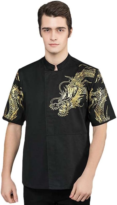 Dragon Print Stand Collar Long Sleeve Chef Coat Work Top