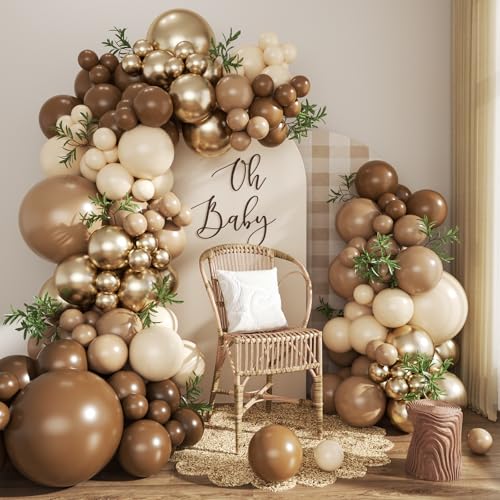 Brown Balloon Arch Kit 124Pcs Brown Nude Beige Gold Balloons for Bear Baby Shower Coffee Themed Birthday Party Wedding Bridal Shower Engagement Party Decorations