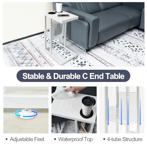 Image of HALLYBEE C Shaped End Table with Cup Holder, Small Slide Under Couch Side Table with Storage Basket Metal Frame for Living Room Bedroom Bedside Sofa White