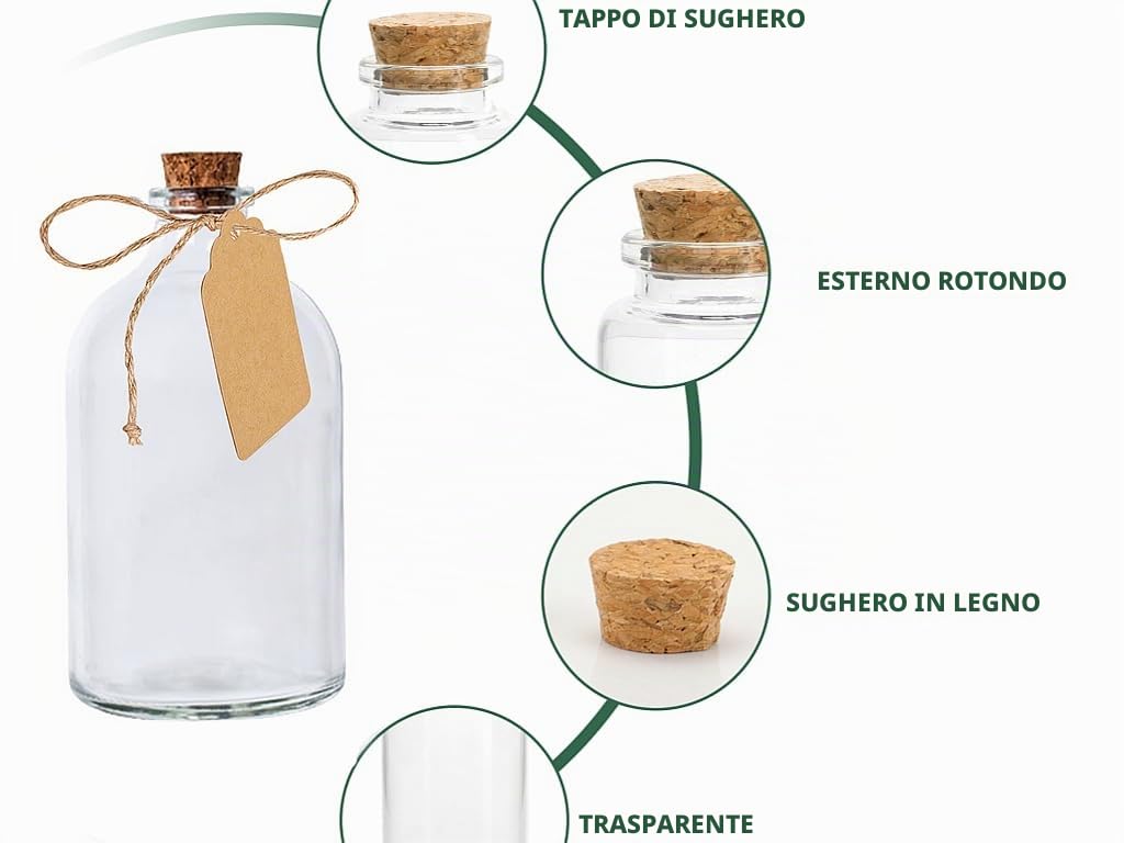 Confezione da 40 mini bottiglie in vetro tappo sughero, 50 ml, bomboniere nozze, etichette cordoncino