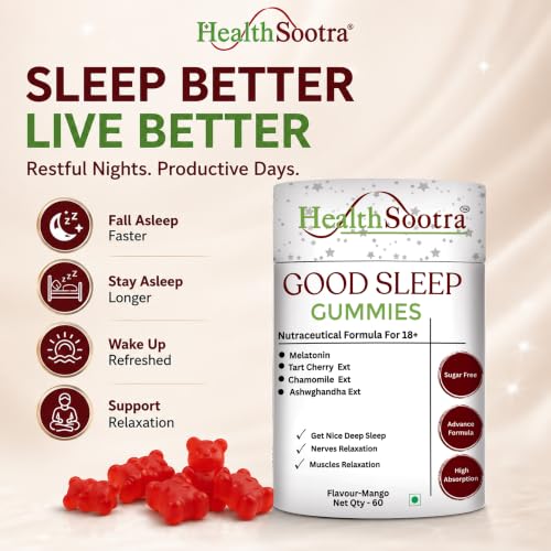 Image of Melatonin 5mg Sleep Gummies for Adults | 60 Gummies | Mango Flavour | Sugar Free Supplement with Melatonin, Chamomile, Tart Cherry & Ashwagandha Extract | Chewable Gummy for Night Routine