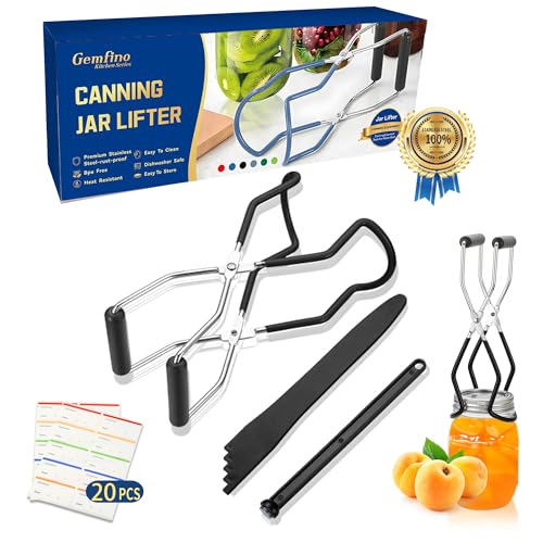 Canning Jar Lifter Tongs with Jar Lid Lifter Magnetic Lid Lifter,Canning Bubble Popper Bubble Remover and Canning Labels for Canning Supplies Starter Kit,4Pcs Canning Tools-Black