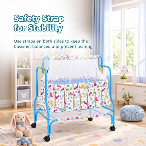Image of Amazon Brand - Supples Baby Cradle with Swing & Mosquito Net | 0-8 Months | Swing Lock | 4 Wheels with Brake | Soft & Comfortable for Baby Sleep | Sturdy Mild Steel Frame | Blue