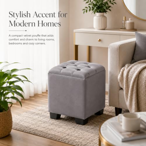 Image of Velvet Cube Ottoman | Seating Stool for Living Room | Soft Cushioned Footrest Stool with Durable Plastic Legs | Multipurpose Seating, Side Table & Pouffe Home Decor, 12x12x14 inch (Grey)