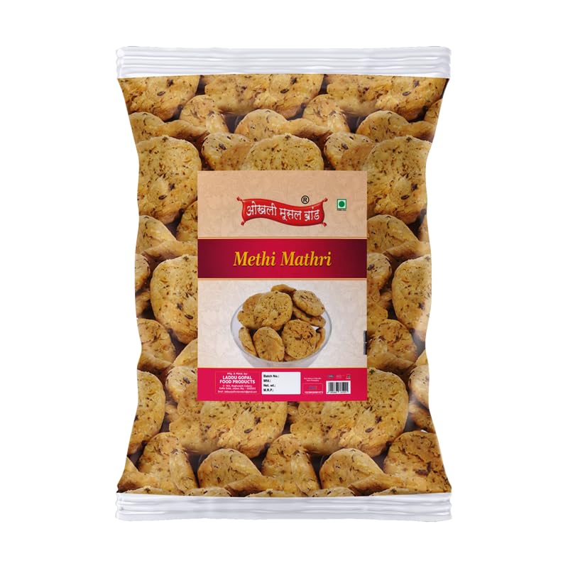 Image of OKHLI MUSAL BRAND Ready to Eat Evening Tea Time Snacks Whole Wheat Ajwain Methi Mathris Wheat Mathri | Healthy | Crispy Indian Namkeen Sweet Snacks | Made In Healthy Ground Peanut Oil-250g*1Pack