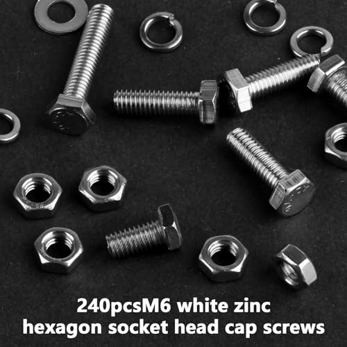 240 Stück M6 Schrauben Set, Sechskantschrauben Muttern Set mit Federringe & Unterlegscheiben Sets, 304 Edelstahl Gewindeschrauben Sets, Sechskant Maschinenschrauben Sortiment