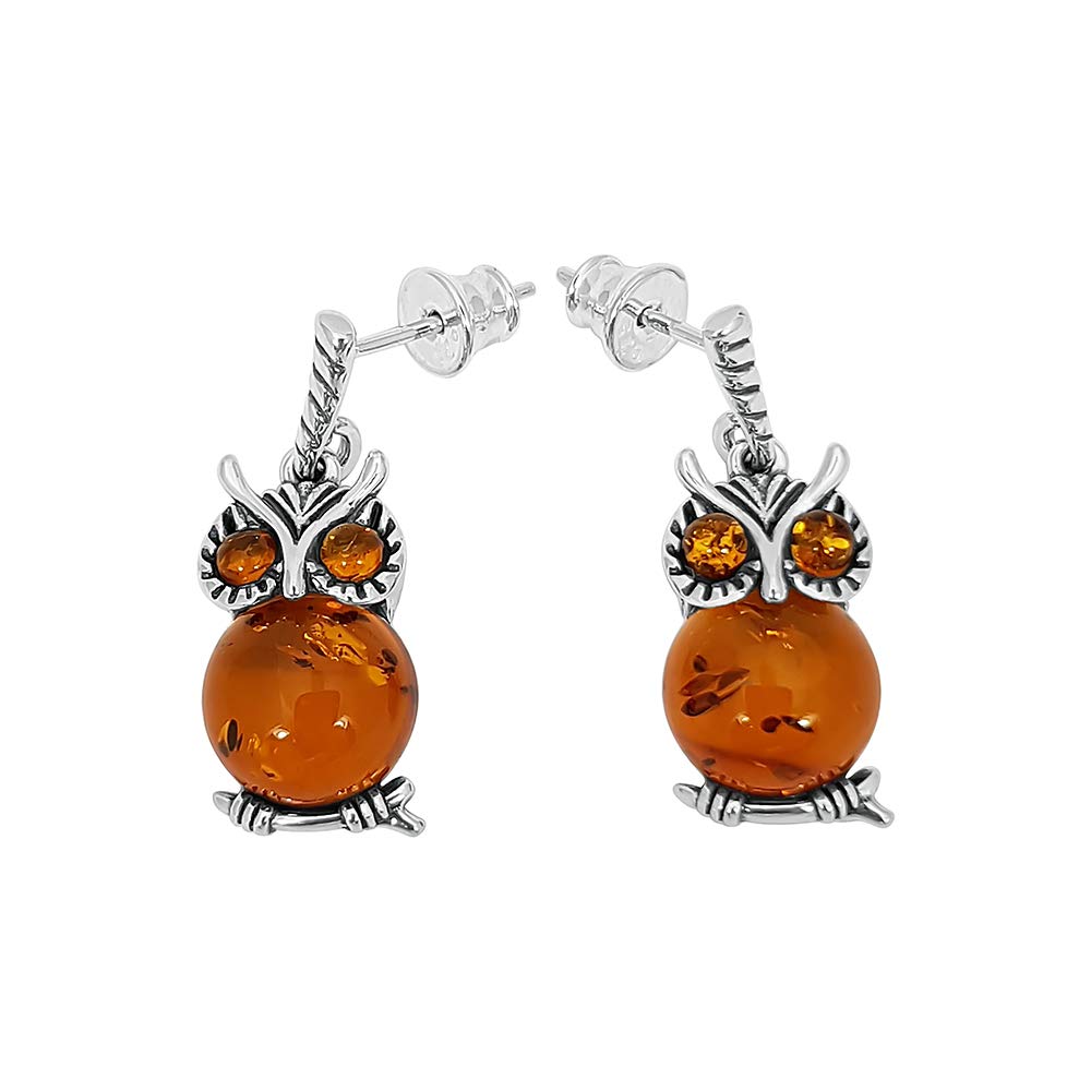 Kiara Jewellery 925 Sterling Silver Owl Drop Stud Earrings Inlaid With Brown Baltic Amber.