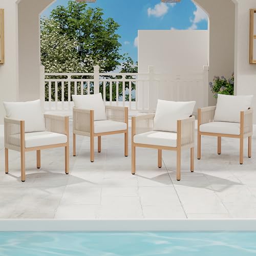 DAYARUS Outdoor Dining Chairs Set of 4, Wicker Patio Furniture Set with Armrests, Cushioned Backrest Patio Arm Chairs, Metal Barrel Dining Room Chair, Modern Kitchen Table Chair for Balcony, Beige