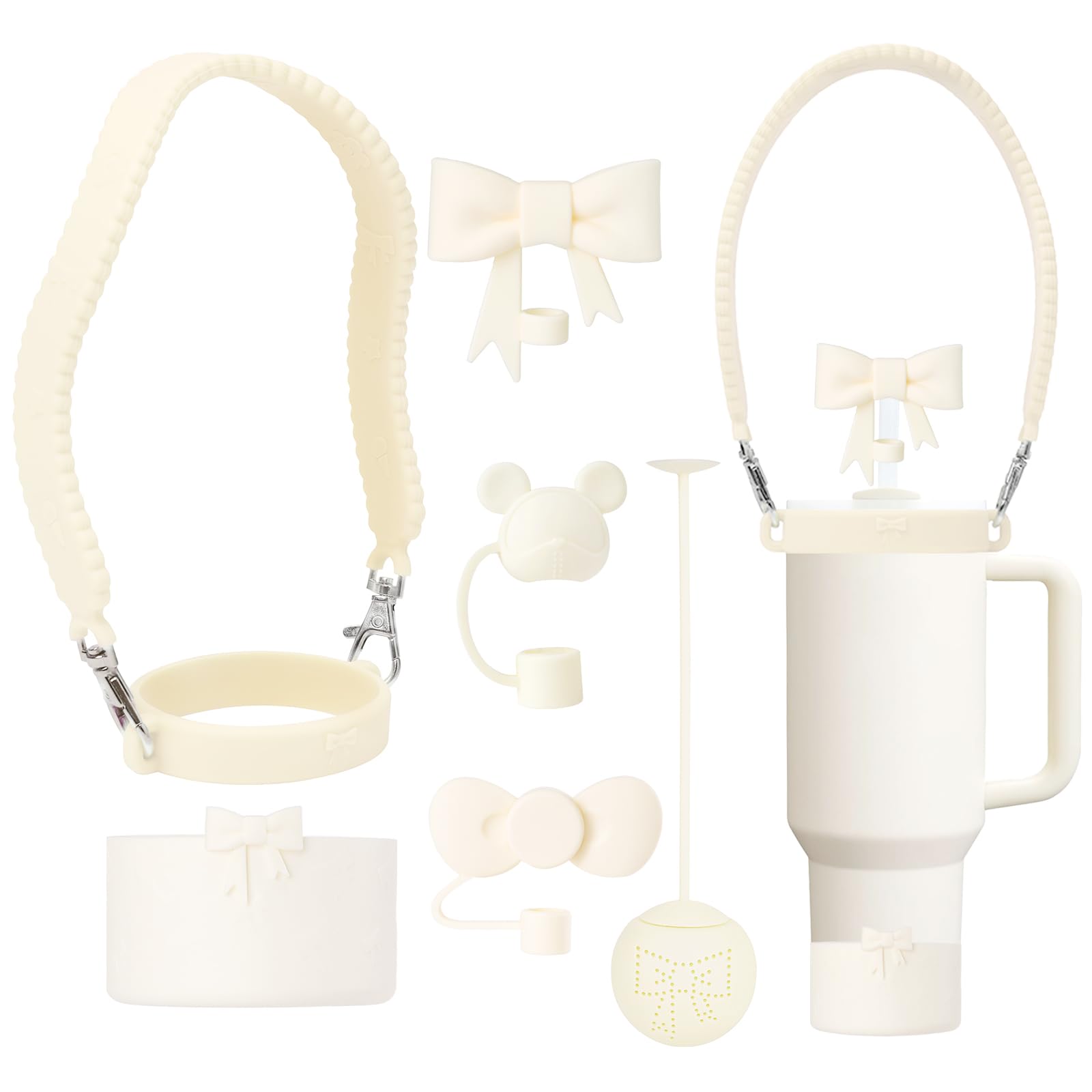 Stanley Cup Silicone Bow Accessories Set Including Water Bottle Handle Strap,Reusable Cute Straw Covers Toppers and Boot,Tea Strainer,Compatible with Stanley 40oz & 30oz Tumbler （Beige）-image-8