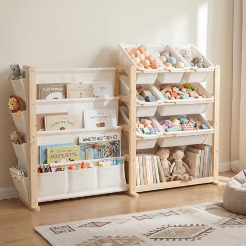 Image of Fodoss Book Shelf for Kids Rooms - Toy Storage Organizer with Bookshelf, Solid Wood Kids Bookshelf with 7 Bins, Side Storage Pockets, Large Toy Organization for Nursery, Natural Pine