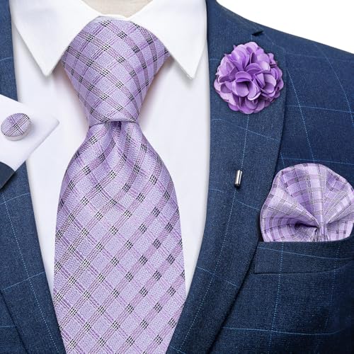 Image of DiBanGu Silk Ties for Men Necktie and Lapel Pin Brooch Set Formal Woven Paisley Plaid Striped Solid Tie Wedding Party