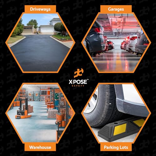 Image of Xpose Safety 22 inch Heavy Duty Rubber Parking Stopper (2 Pack) - Wheel Stops, Parking Lot Bumpers & Rubber Parking Curb for Garage, Driveway or Ramp - Car Bumper Stops with Yellow Reflective Strips