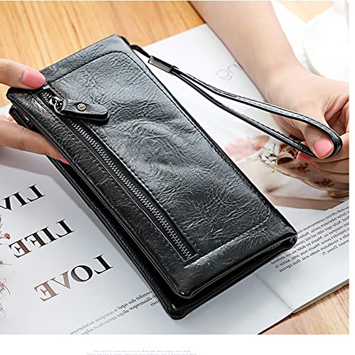 Women Zipper Wallets with Wristlet Large Capacity Long Clutch Checkbook Purse Wallet Oil Wax PU Leather3
