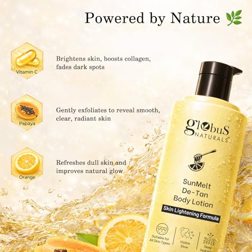 Image of Globus Naturals SunMelt De-Tan Body Lotion - Skin Brightening & Tan Removal with Honey, Lemon & Vitamin E | Deep Hydration & Glow | for All Skin Types | 250 ml