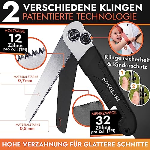 Novolari® Premium Klappsäge 20cm Patentierte Japanklingen bruchsicher inkl. Gürteltasche 2in1 Säge für Holz, Alu, Kunststoff - Survival Astsäge Outdoor Camping Garten Bushcraft Multifunktionssäge