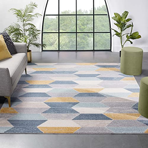 Well Woven Everleigh Honeycomb Hexagon Geometric Blue, Mustard Gold, Grey Area Rug 3x5 (3'11