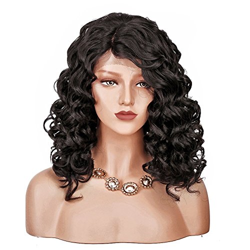 COLODO Lace Front Wigs L Part pre-plucked Natural Hairline Synthetic Black Color Curly Wig for Women Daily Party Celebration