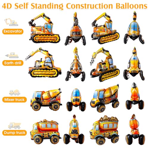 4 Pcs Self Standing 4d Foil Construction Balloons Birthday Party Supplies, Large Excavator Vehicle Dump Truck Mixer Truck Balloons for Construction Birthday Party Decorations by Simgoing - Image 4