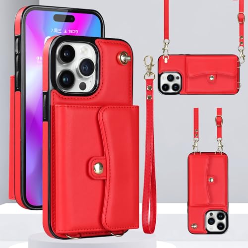 Étui portefeuille iPhone 15 Pro rouge blocage RFID coque bandoulière 4 cartes