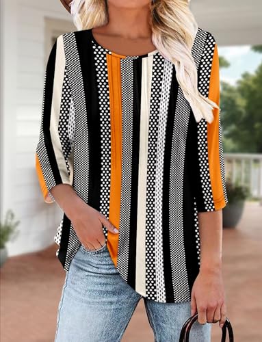 KISSMODA Tunic Tops for Women Loose Fit Dressy Round Neck Pleated 3/4 Length Sleeve Spring Tops