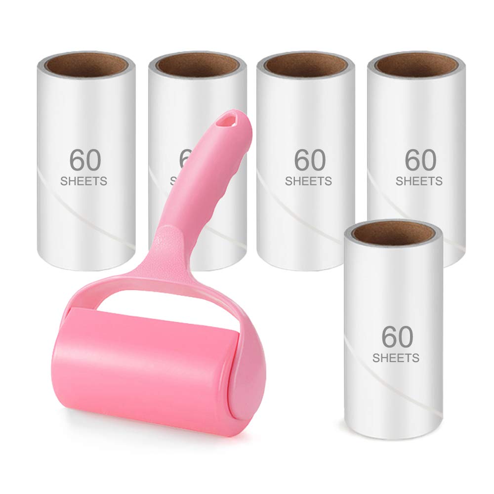 Mr Hsiung & Mrs Yin Pink,White 300 Sheets Lint Roller For Clothes, Pet Hair Remover, Tcebuy Extra Sticky Lint Remover Brush, Clothes Cleaner Roller, 1 Roller + 5 Refills