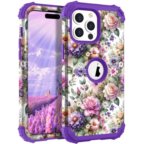 Hocase Heavy Duty Case for iPhone 15 Pro Max, Purple Pink Flowers
