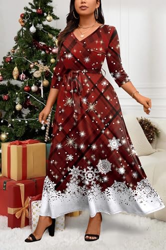 Image of Runwind Plus Size Dress for Women - 3 /4 Sleeve V Neck Maxi Dresses for Women (XL-6XL)