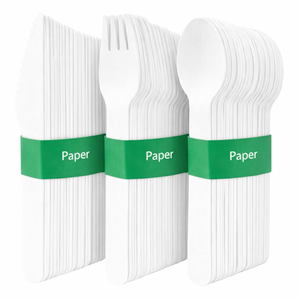 Table Kind 120 x Paper Cutlery Set | Superior Texture | Disposable Forks Knives Spoons, Compostable Alternative to Wooden Cutlery or Business Catering, Cafés, BBQs Parties, Festivals, Recyclable