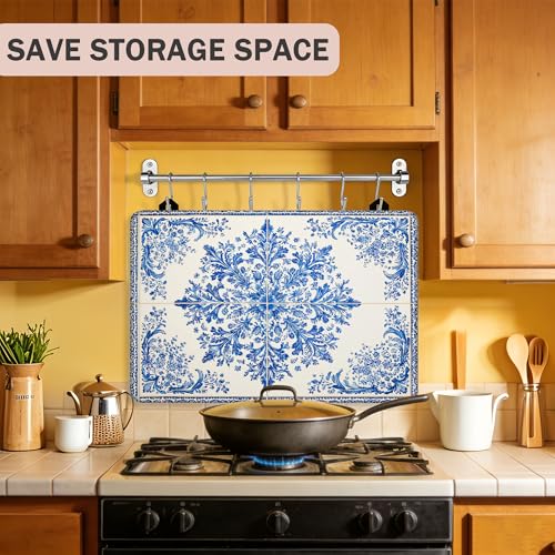 Image of Blue White Tile Stove Top Covers Pad 28 x 20 inches Dish Drying Mat Coffee Bar Mats Kitchen Decor Absorbent Pad Fit Coffee Maker Machine Dish Drying