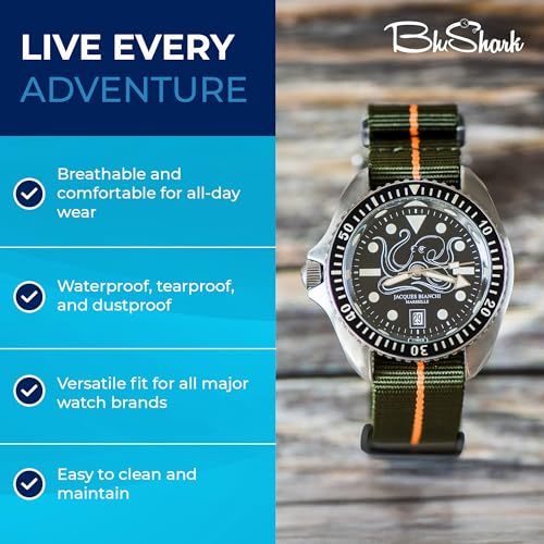 Image of BluShark - Original Collection Military-Style Waterproof Watch Strap, Fits All Timepiece Brands, Durable Nylon Wristwatch Accessories with Stainless Steel Buckle - 18mm, 20mm, 22mm & 24mm Watch Bands