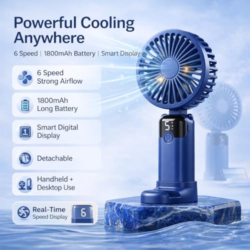 Image of One94Store Rechargeable Handheld Fan with 1800mAh Battery, 4-5 Hours Battery Backup, 6 Speed Touch Control, Portable Mini Fan with Mobile Stand for Travel, Office, Home & Outdoor Use (Blue)