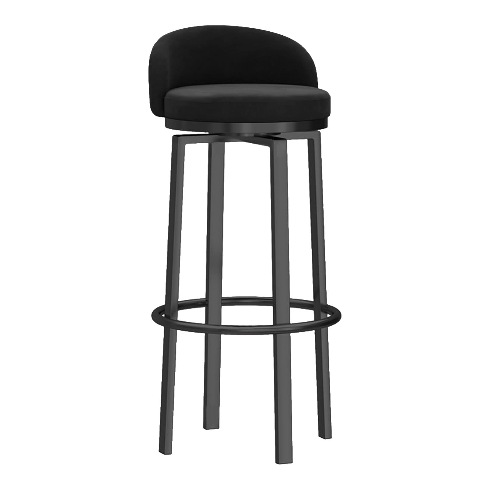 Tabouret de Bar pivotant en Velours Noir, Hauteur comptoir - Chaise de Cuisine rembourrée avec Dossier, Pieds en métal et Repose-Pieds pour Bar et Salle à Manger - 1 pièce